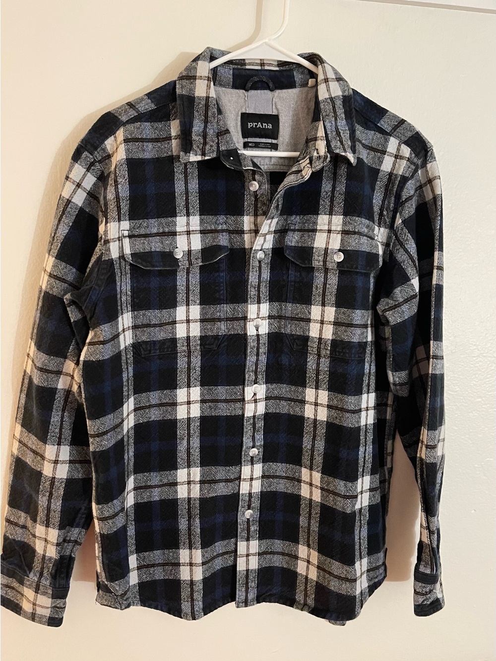 Prana Black, White & Blue Plaid Button-Down Shirt